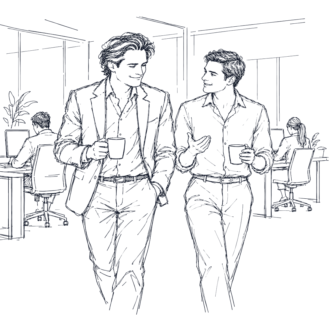 Sketch of a calm, orderly office with the owner chatting to a colleague over coffee