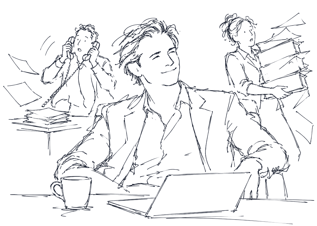 Sketch of a calm business owner relaxing at a clear desk while colleagues around him juggle phones and paperwork